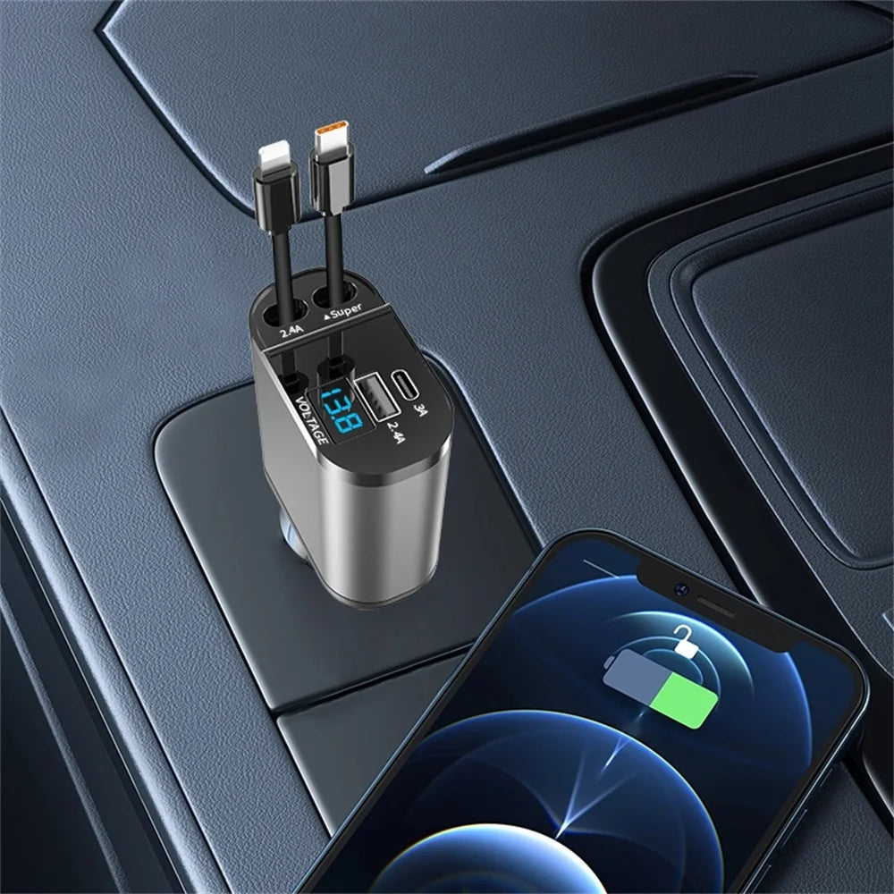Cargador Retráctil Original 4 en 1 para Auto – ¡Carga Todo en Minutos!